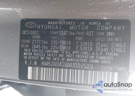 2022 Hyundai Tucson Plug-In Hybrid Sel z USA, uszkodzony, nr VIN KM8JBDA28NU039520